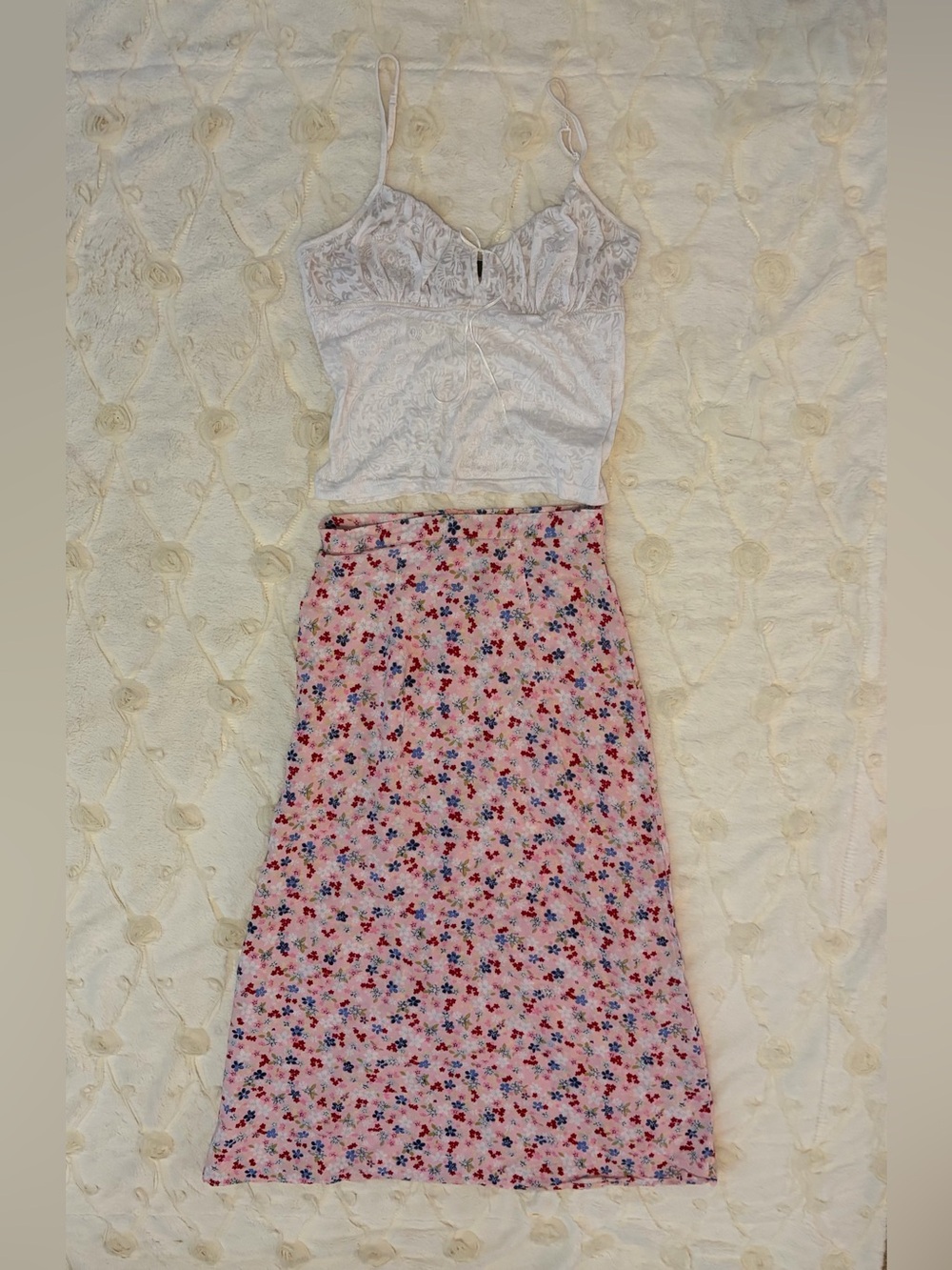 💐Woman’s Floral Maxi Skirt and Sexy Tie Front Sheer Cami Express Y2K Vintage